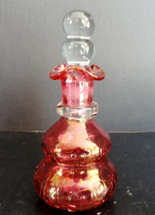 Blown Glass Perfume Bottle Cranberry Crackle Opalescent Finish W/ Clear Stopper photo