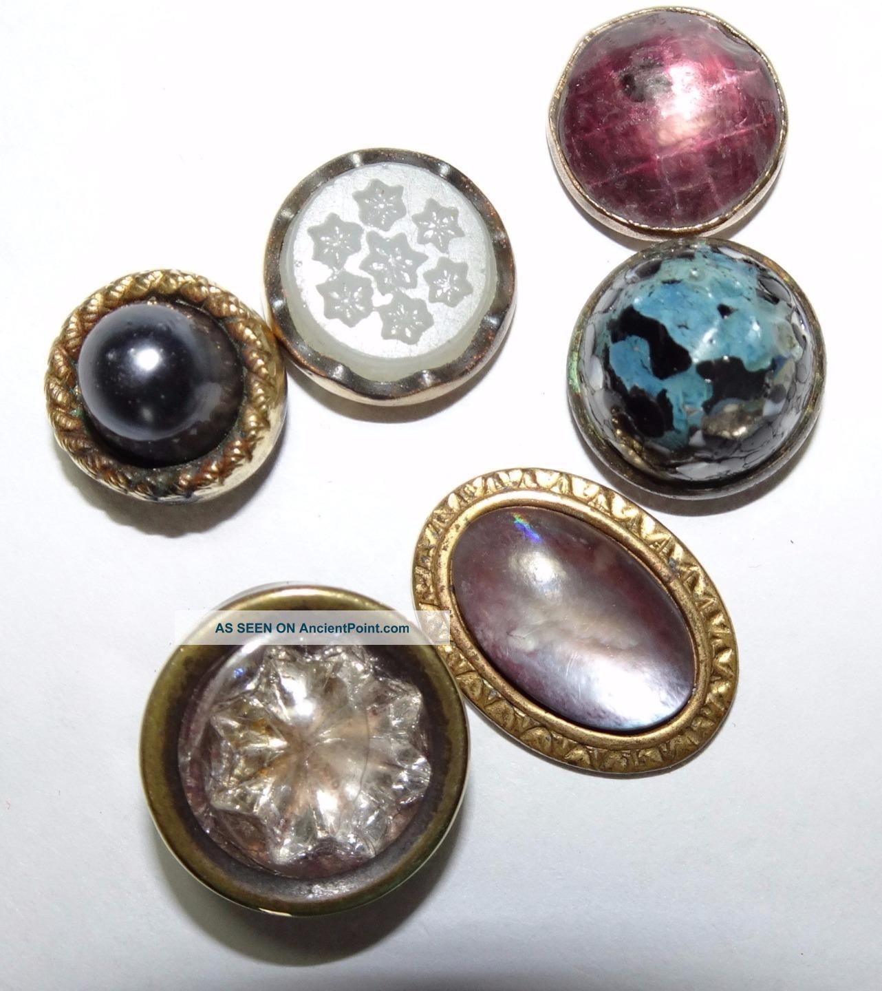 Antique Buttons 6 Brass Waistcoat Or Weskit Styles Glass,  Shell,  Pearl,  Popper Buttons photo