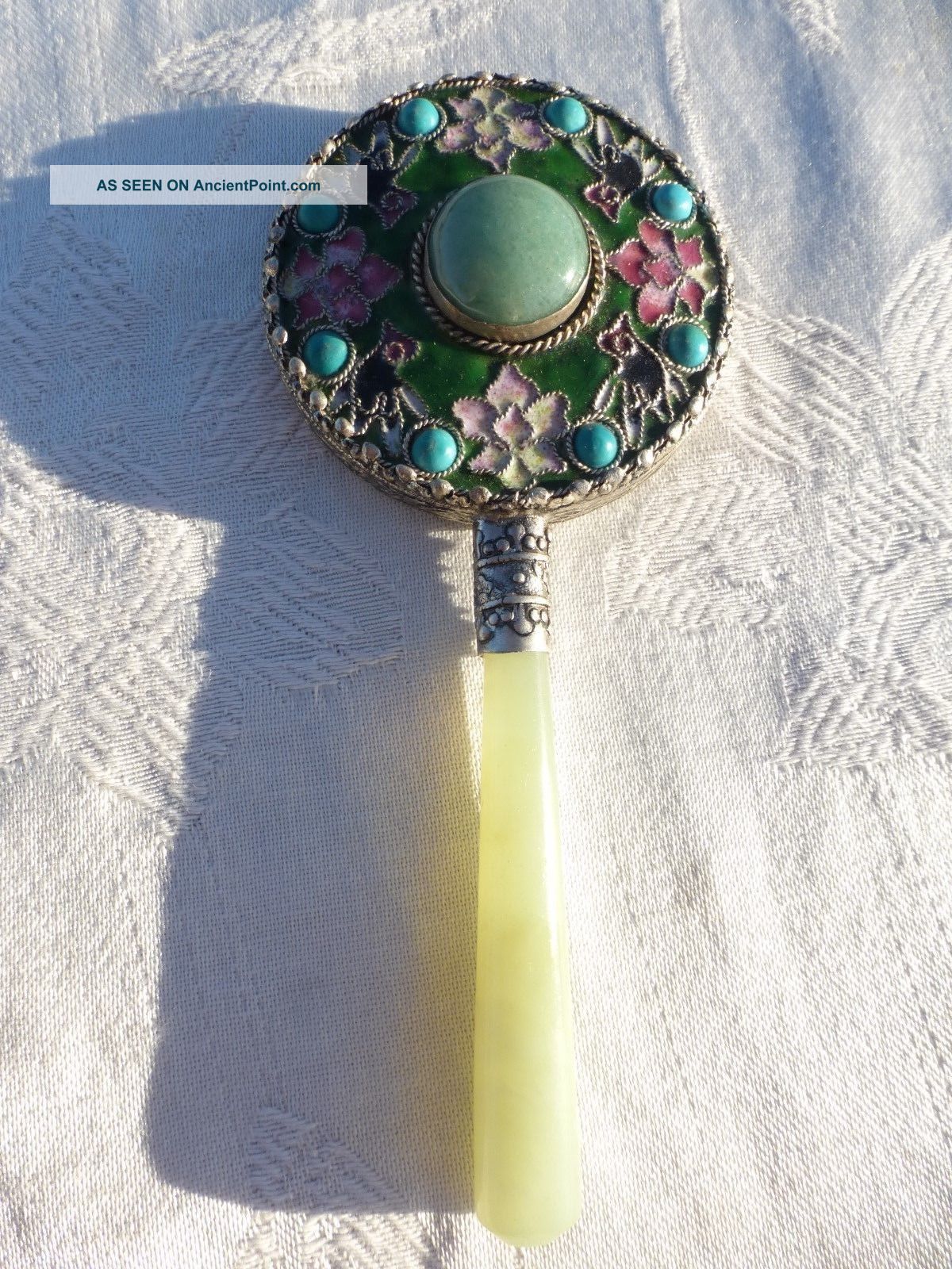 Vintage Chinese Jade Turquoise Enamel Hand Mirror Detail Other Chinese Antiques photo