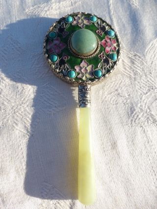 Vintage Chinese Jade Turquoise Enamel Hand Mirror Detail photo