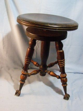 Antique Wood Piano Organ Stool Tonk Chicago Adjustable Swivel Claw Feet photo