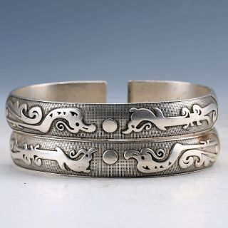 Collectable Tibet Silver Hand Carved Two Dragons Bracelet D1336 photo