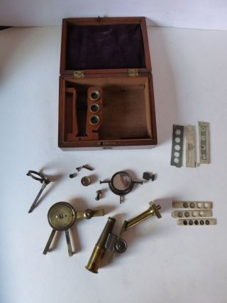 Antique Brass Travelling Field Microscope And Bovine Bone Microscope Slides photo