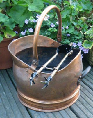 Antique Heavy Copper Helmet Shaped Coal Bucket/scuttle & Brass Claw Tongs photo
