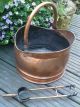 Antique Heavy Copper Helmet Shaped Coal Bucket/scuttle & Brass Claw Tongs Fireplaces & Mantels photo 3