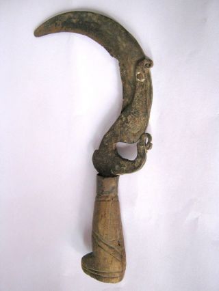 Antique Iron Sickle With Wooden Handle photo