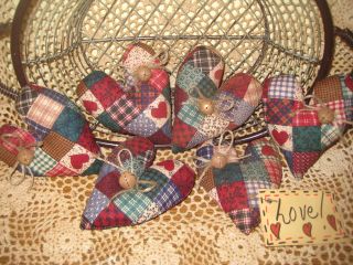 6 Handmade Patchwork Fabric Country Heart Ornies Ornaments Wreath - Making Decor photo