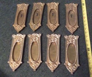 Eight (8) Fancy Antique Victorian Brass Pocket Door Plates Ornate photo