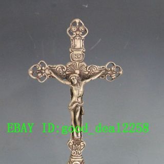 Old Chinese Handwork Tibet Silver Carved Cross & Jesus Statue photo