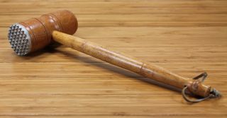 Primitive Wooden Meat Tenderizer Mallet Hammer Woodworking Tool Vintage photo