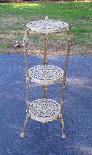 Vintage Ornate Brass Victorian Angel Cherub Claw Foot 3 Tier Plant Stand Table photo