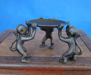 Antique Collectible Handmade Candlestick Copper Monkey & Plate Art Deco Brown photo