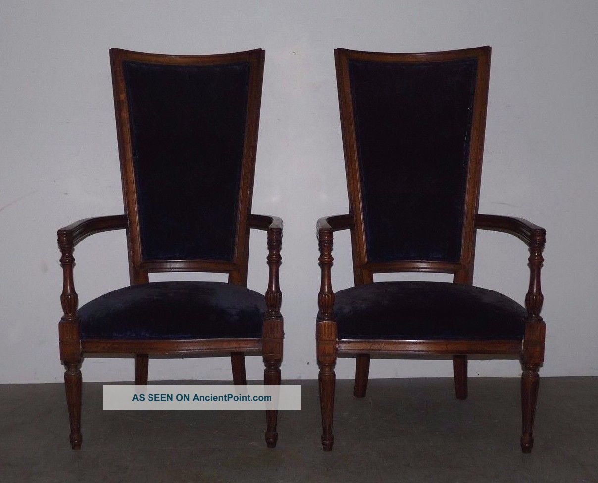 Vintage Pair Hollywood Regency High Back Lounge Arm Chairs Blue Velvet 022701 Post-1950 photo