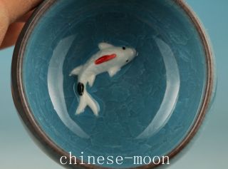 Chinese Porcelain Handmade Carved Fish Collect Statue Tea Wine Cup photo