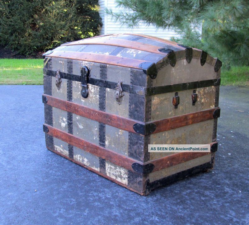 Large Shabby Vintage Antique Wood Metal Dome Top Steamer Trunk Chest 1800-1899 photo