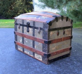 Large Shabby Vintage Antique Wood Metal Dome Top Steamer Trunk Chest photo