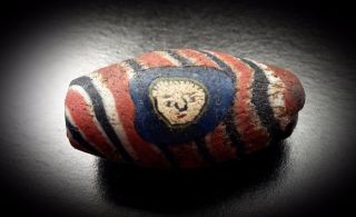 Near Eastern Red Blue & White Mosaic Glass Face Bead 5th To 11th Century A.  D. photo