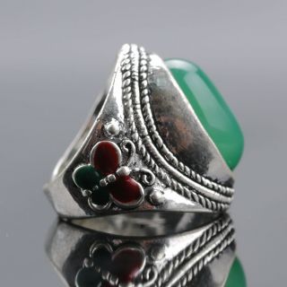 Chinese Exquisite Tibet Silver Inlaid Green Jade Handwork National Fashion Ring photo