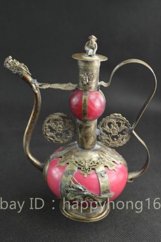 Collectible Old Handwork Red Jade Armored Miao Silver Dragon Cloisonne Tea Pot photo