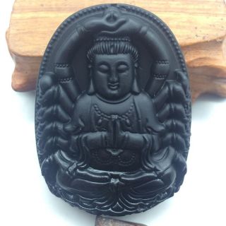 China ' S Obsidian Hand - Carved Of Guanyin Pendant photo