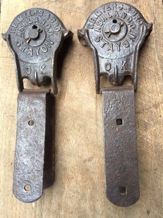 Antique Pair Vintage F.  E Myers Stayon Sliding Barn Door Rollers Pulleys photo