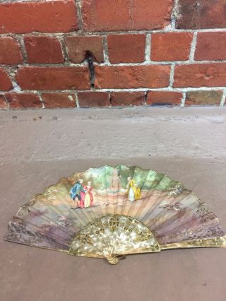 Victorian Antique Hand Painted Gold Leaf Carved Mother Of Pearl Folding Fan photo