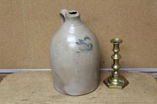 A Very Rare 1 Gal Cobalt Blue Incised Swan Decorated 19th C Stoneware Jug photo