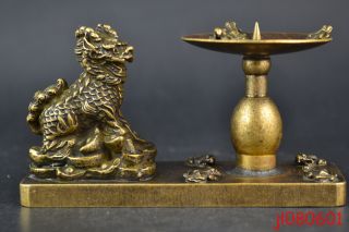 China Collectible Decor Old Copper Carve Kylin Statue Guarder Decor Candlestick photo