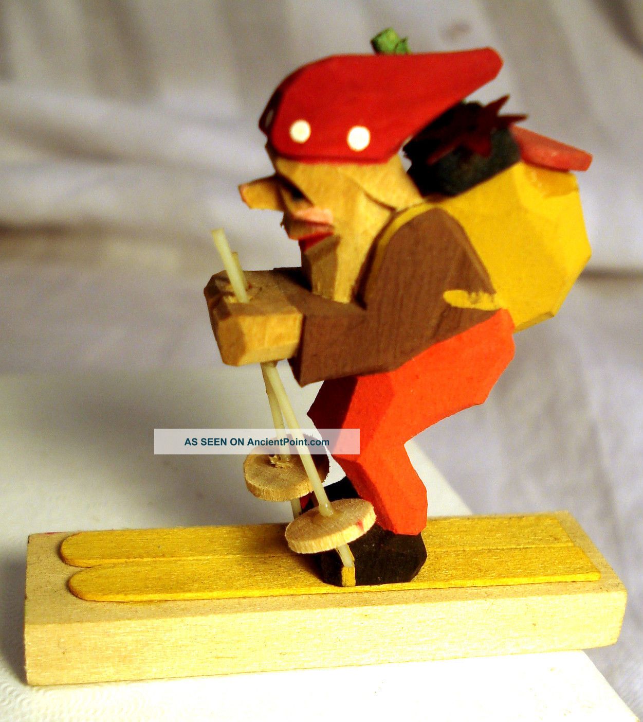 Vintage Erzgebirge Carved Skiing Santa W/ Gifts - German Democratic Republic - Great Carved Figures photo