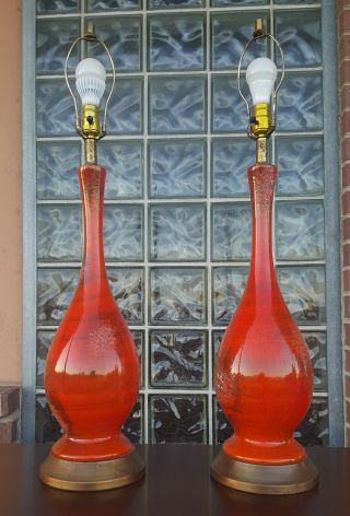 Mid Century Modern Royal Haeger Etruscan Orange Pottery Lamps photo