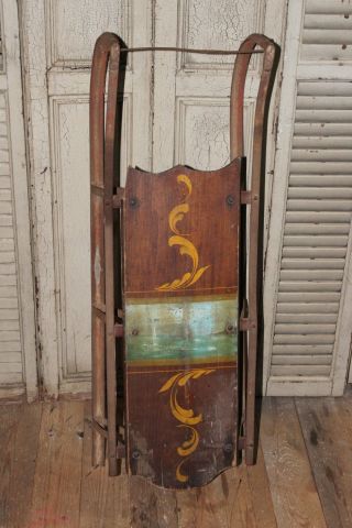 Antique Primitive Wood Snow Sled Old Paint Folk Art photo