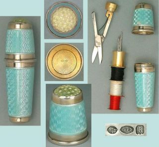 Vintage Enameled Sterling Silver Sewing Kit W/ Scissors Germany Circa 1925 photo