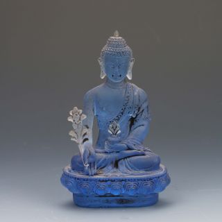 Chinese Glass Handwork Pharmacists Buddha Blue Statues G155 photo
