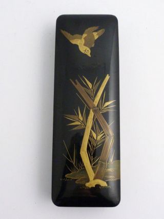 Japanese Black And Gold Lacquered Rectangular Box,  Swallow And Bamboo,  Meiji photo