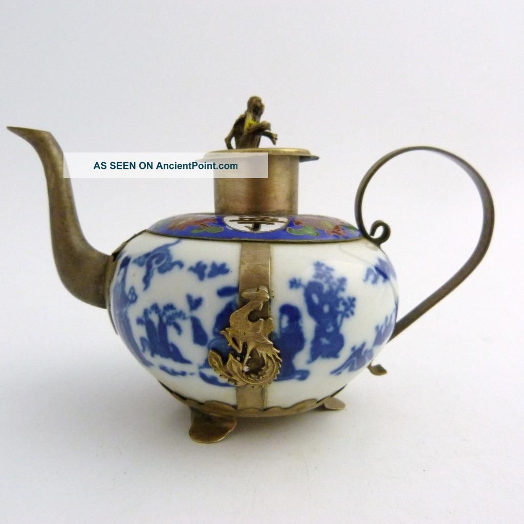 Sino Tibetan Blue And White Porcelain Armoured Teapot,  Marked To Base Tibet photo