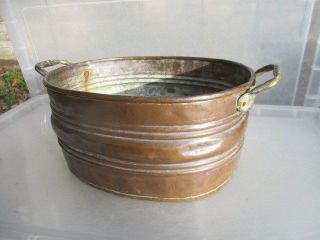 Vintage Copper Trough Tub Planter Plant Pot Oval Ribbed Old Brass Handles photo