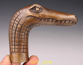 Vintage Old Bronze Carving Crocodile Statue Cane Walking Stick Head Handle Art D photo