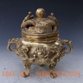Chinese Brass Handcarved 2dragon & Beads Incense Burner&lid W Ming Dynasty Mark photo