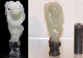 Rare 18th - 19th Century Chinese Carved White Jade Smiling Boy With A Peach Bough photo