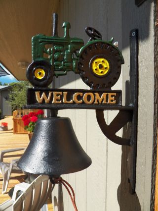 Antique - Style Cast Iron Hand Painted Tractor Motif Welcome Bell Dinner photo