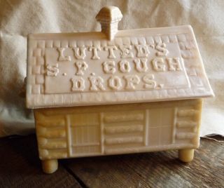 Vintage Lutteds Cough Drop Log Cabin Milk Glass Custard Glass Box Unusual photo