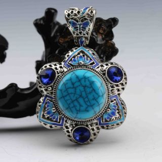 Exquisite Tibet Silver Inlaid Turquoise & Zircon Handwork Hex Pendant G732 photo