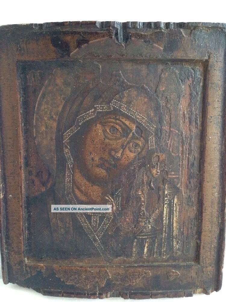 Antique Possibly 18th Century Painted Wooden Russian Icon Depicting Mary&christ Russian photo