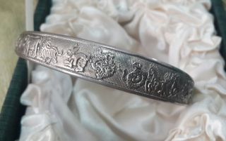 Antique Zodiac Baby Bungle Charm Vintage Silver Carved Old Bracelet Aristocratic photo