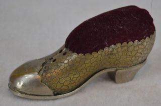 Pin Cushion Shoe Metal Heel Velvet Repousse Victorian Antique 1800 photo