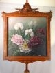 19thc Antique Victorian Era Carved Wood Fire Screen Still Life Flower Painting Hearth Ware photo 1