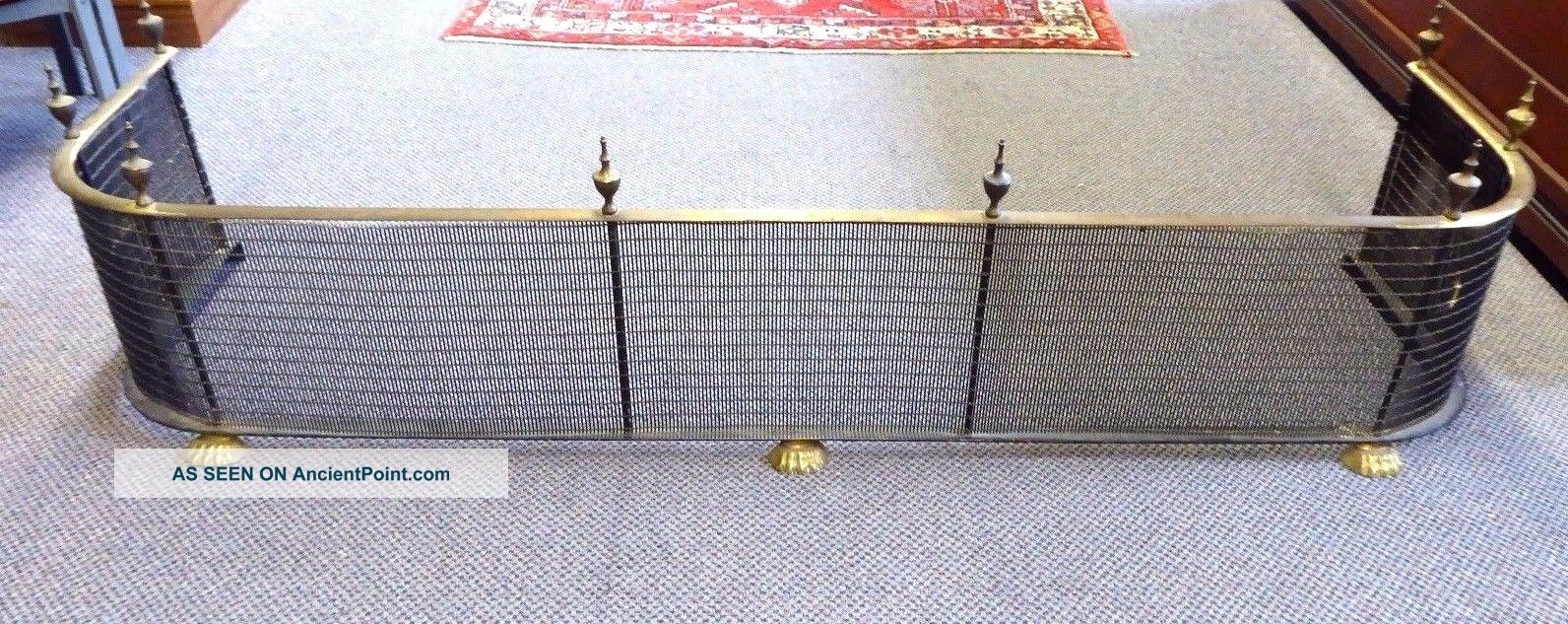Antique Fire Place Skirt Fender.  Brass.  3 Paw Feet.  Wire Mesh.  Posts&finials.  1880 Hearth Ware photo