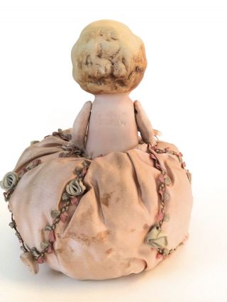 Unique Antique Bisque Child Pin Cushion Doll Moveable Arms In Pink Rose 