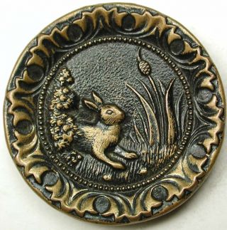 Antique Brass Button Detailed Rabbit Emerging Form Bushes Scene - 1 & 3/16 