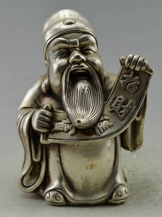 Collectible Decorated Old Handwork Silver Plate Copper Carved Wealth God Statue photo